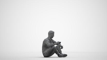 3D scanned man sitting casual, photorealistic archviz people for Enscape and SketchUp, wireframe side view
