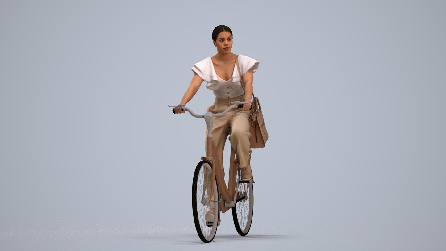 3D scanned woman cycling business, photorealistic archviz people for Enscape and SketchUp, standing pose render