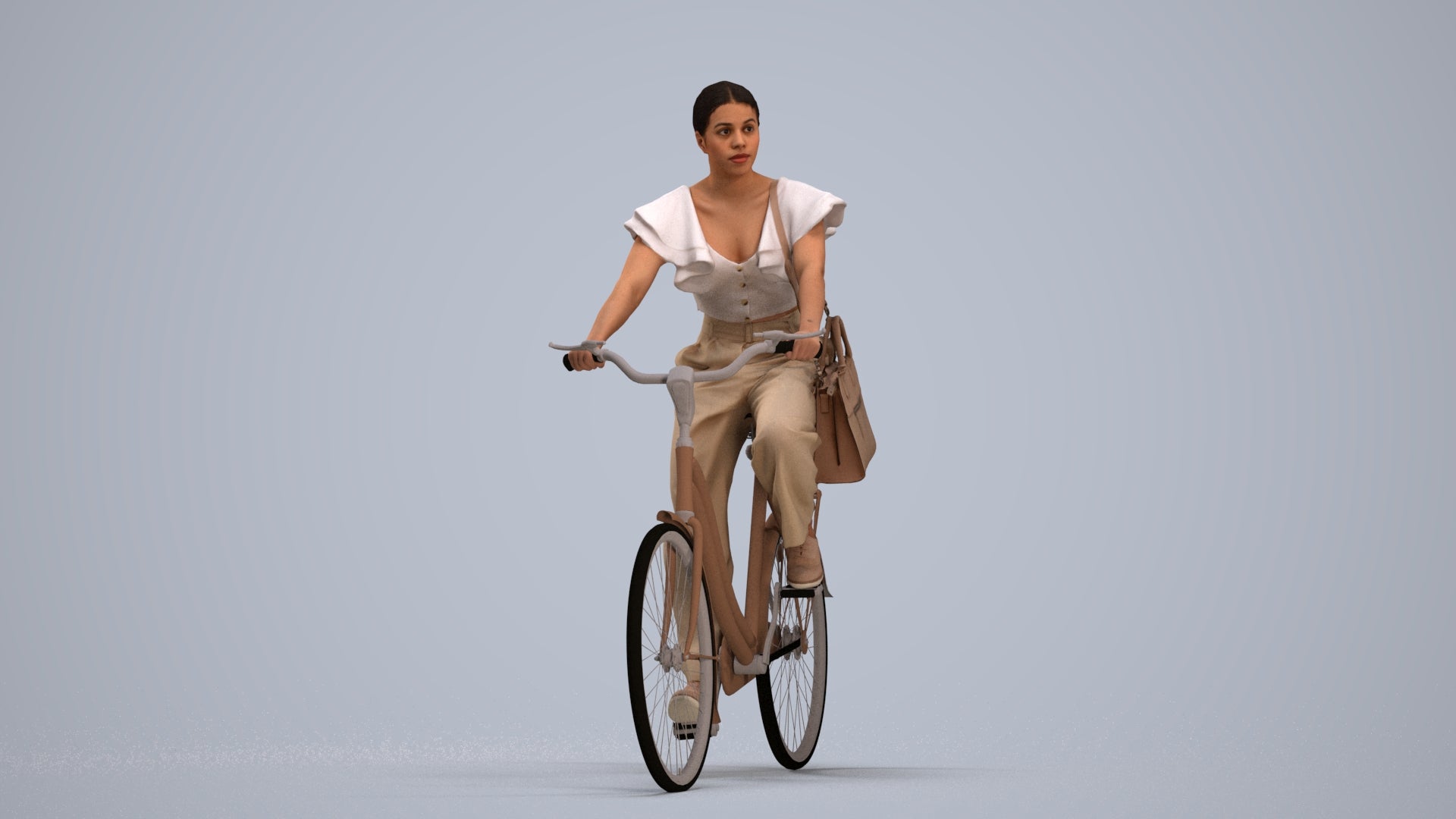 3D scanned woman cycling business, photorealistic archviz people for Enscape and SketchUp, standing pose render