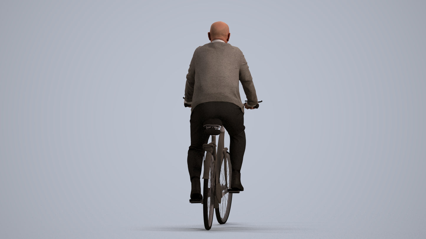 3D human model senior man business cycling, photogrammetry scanned person for archviz, front view render