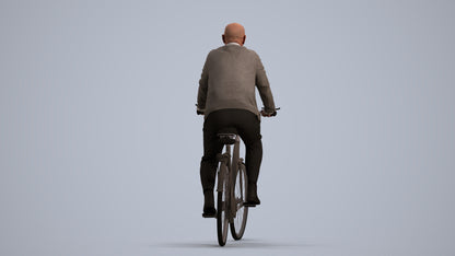 3D human model senior man business cycling, photogrammetry scanned person for archviz, front view render