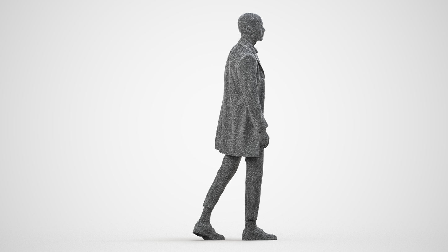 photogrammetry 3D man business walking, realistic human model archviz FBX, wireframe side view