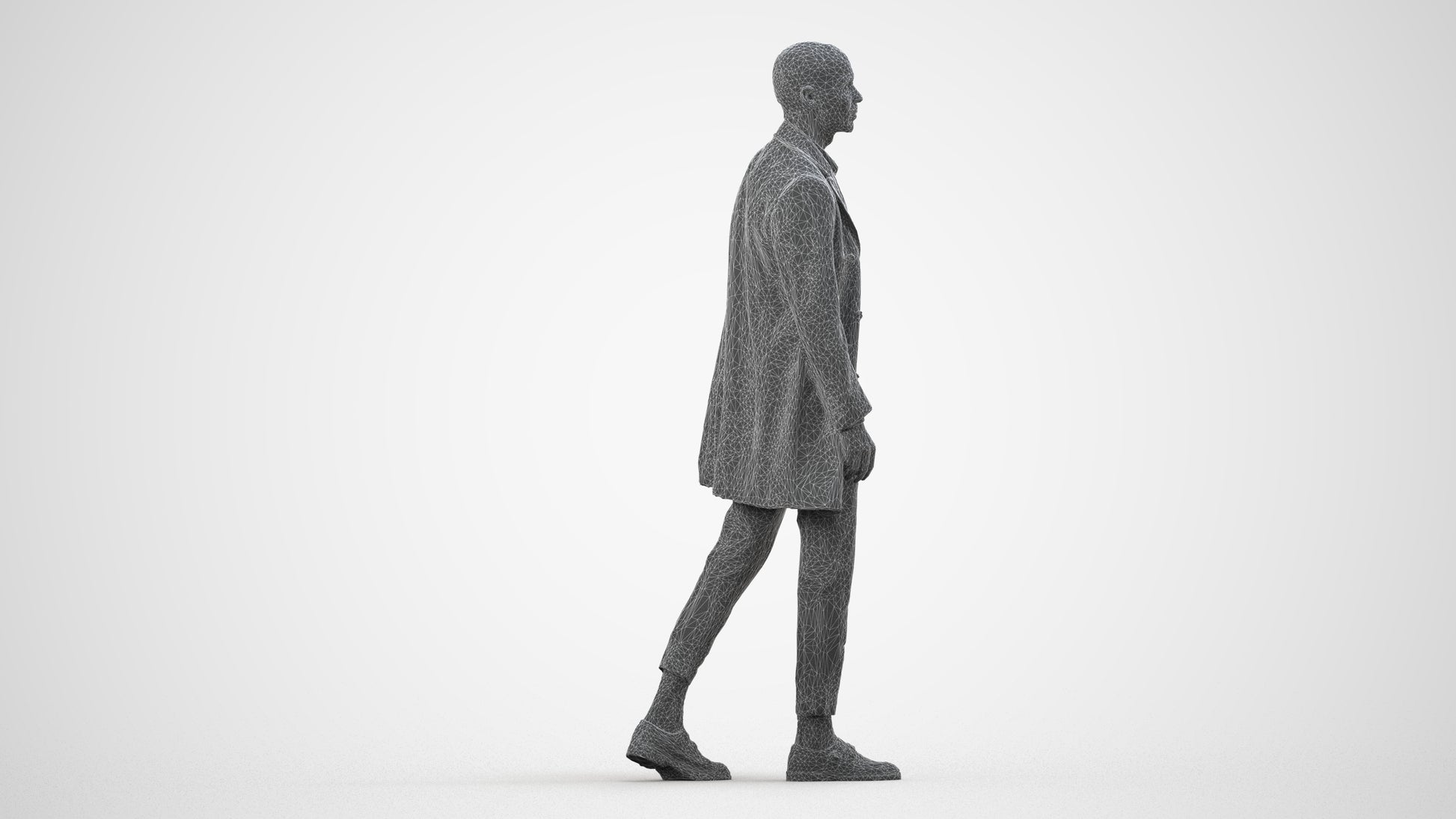 photogrammetry 3D man business walking, realistic human model archviz FBX, wireframe side view