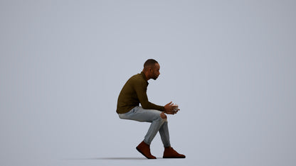 photogrammetry 3D man casual sitting, realistic human model archviz FBX, side view render