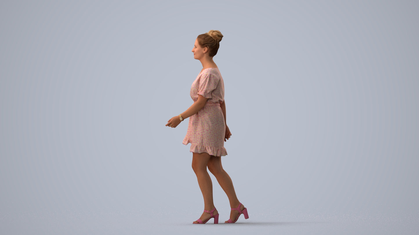 photogrammetry 3D woman casual walking, realistic human model archviz FBX, three-quarter view render