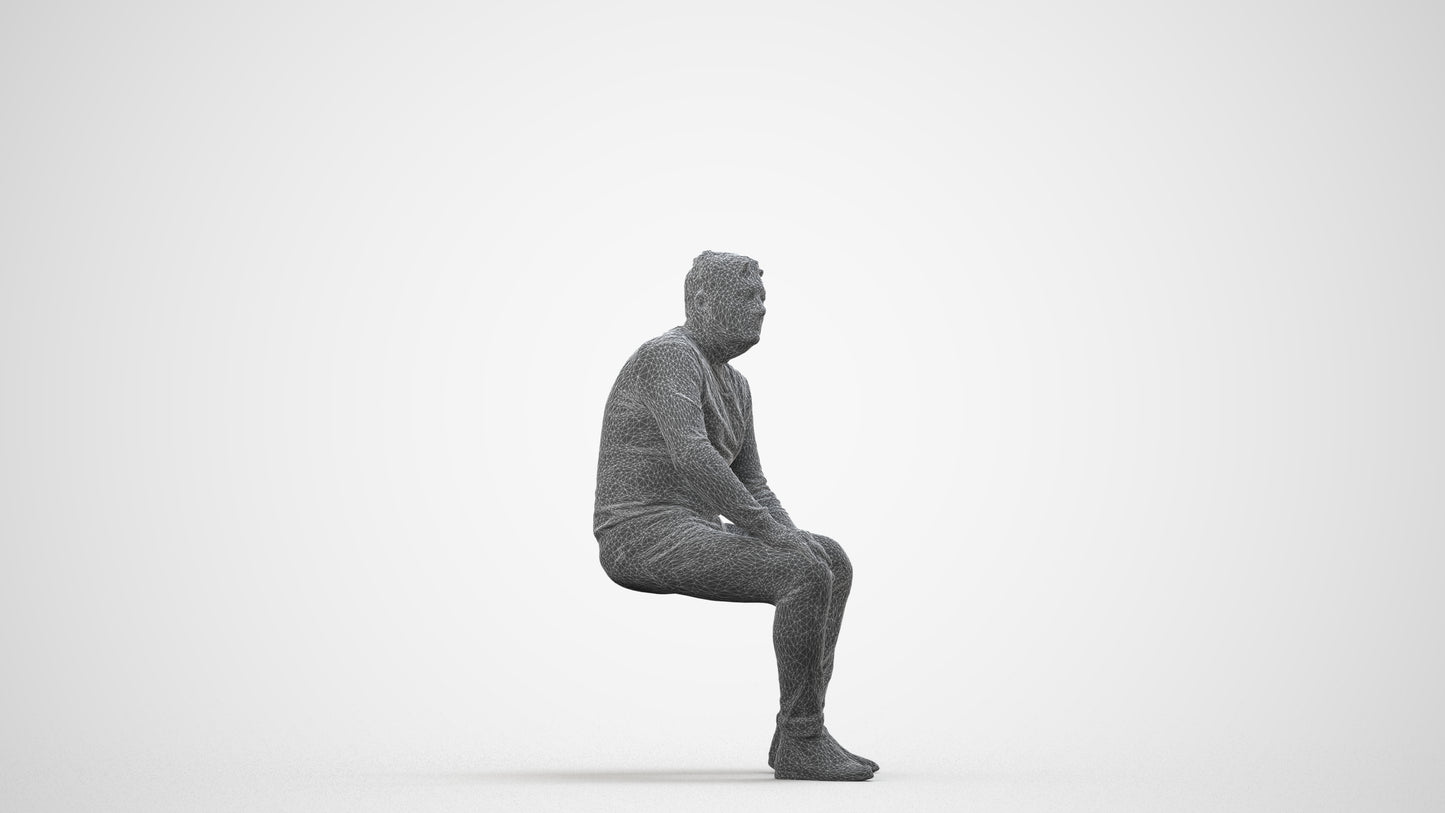 3D human model man casual sitting, photogrammetry scanned person for archviz, wireframe side view
