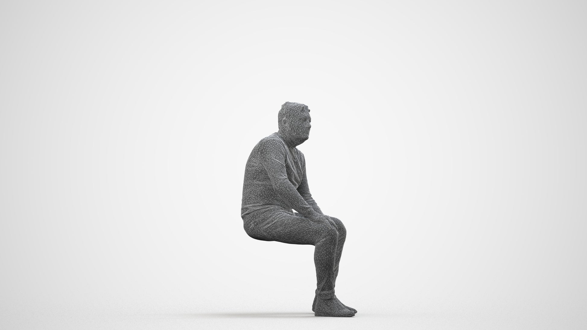 3D human model man casual sitting, photogrammetry scanned person for archviz, wireframe side view