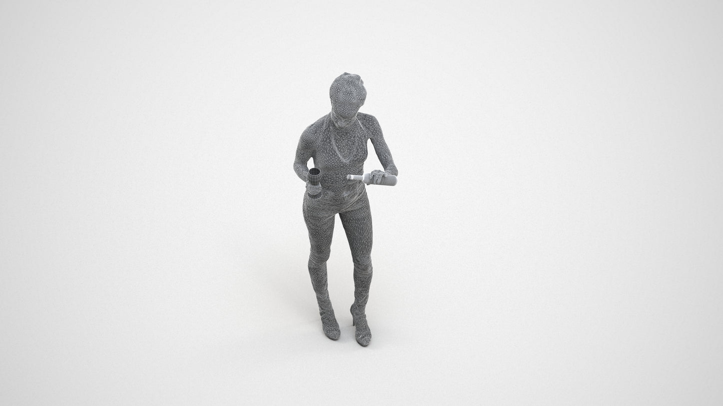 realistic 3D woman casual standing, scanned archviz people for Blender and 3ds Max, wireframe three-quarter view