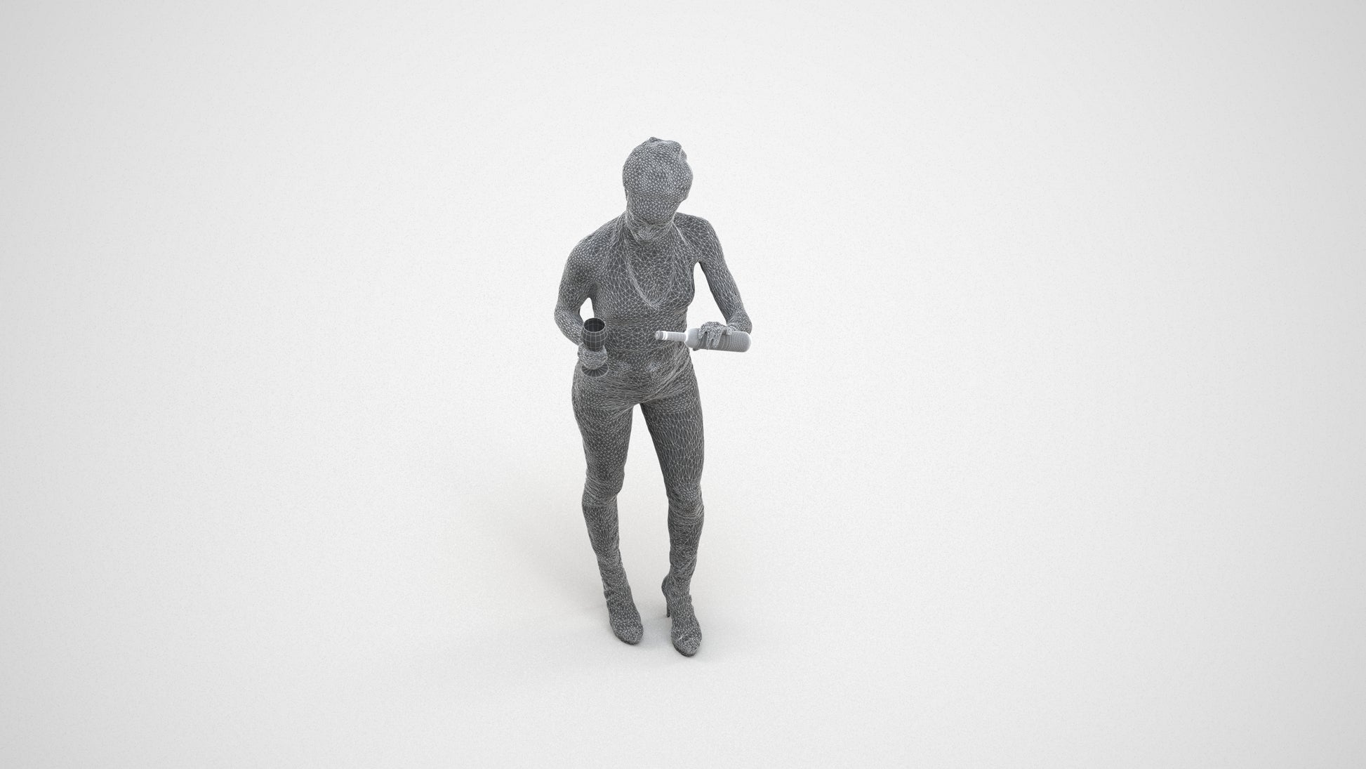 realistic 3D woman casual standing, scanned archviz people for Blender and 3ds Max, wireframe three-quarter view