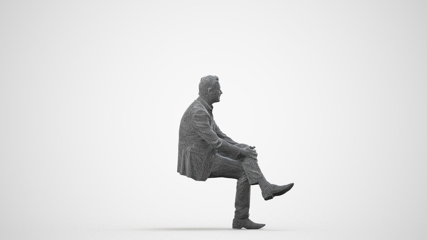 3D people model man business sitting, scanned human for 3ds Max rendering, wireframe side view