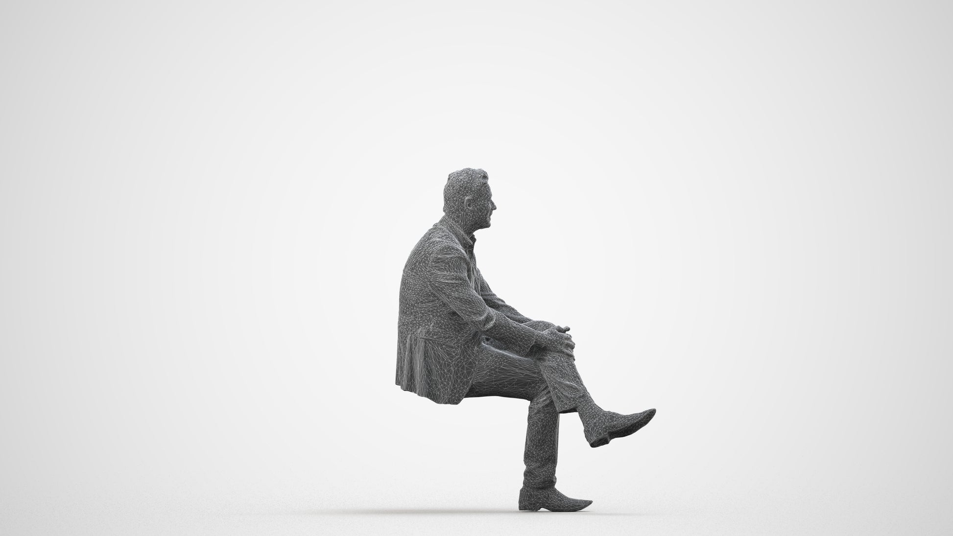 3D people model man business sitting, scanned human for 3ds Max rendering, wireframe side view