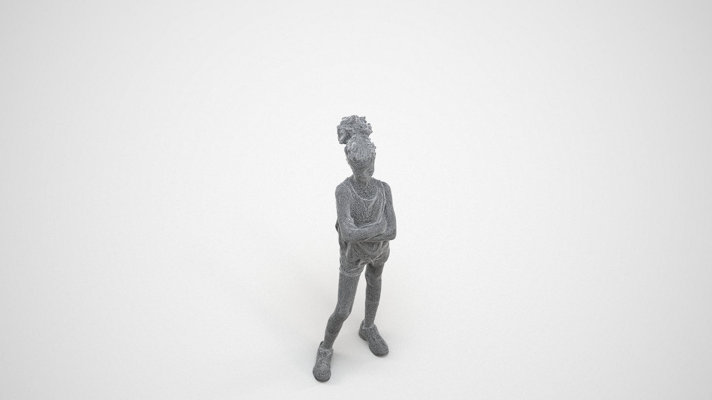 scanned 3D girl sport kids, photogrammetry people for Enscape and V-Ray, wireframe three-quarter view