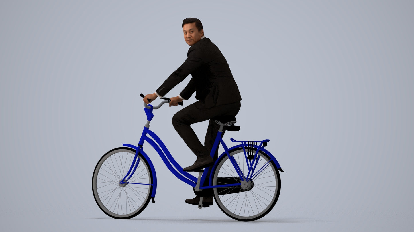3D human model man business cycling, photogrammetry scanned person for archviz, three-quarter view render