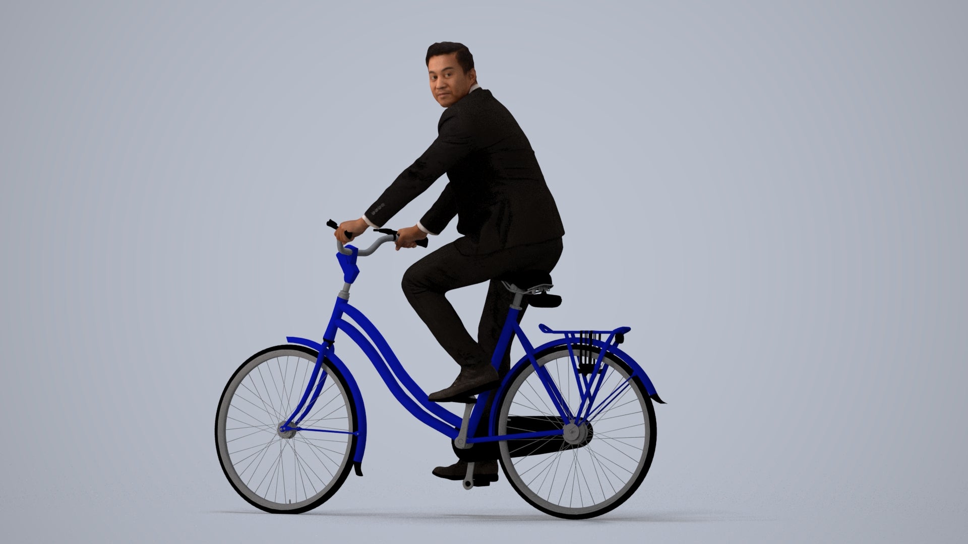 3D human model man business cycling, photogrammetry scanned person for archviz, three-quarter view render