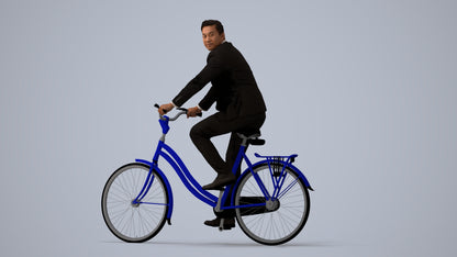 3D human model man business cycling, photogrammetry scanned person for archviz, three-quarter view render