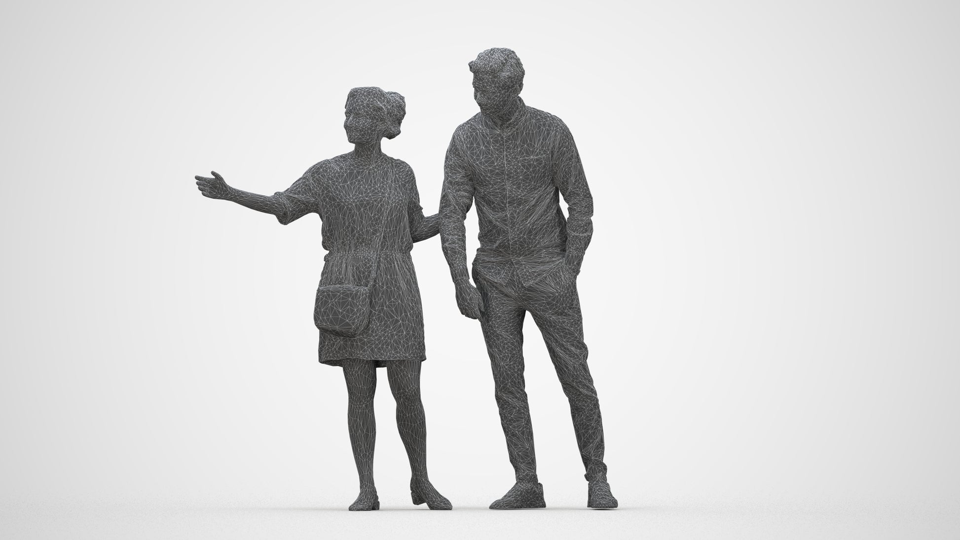 realistic 3D human woman casual couple, archviz people FBX OBJ for Blender, wireframe back view