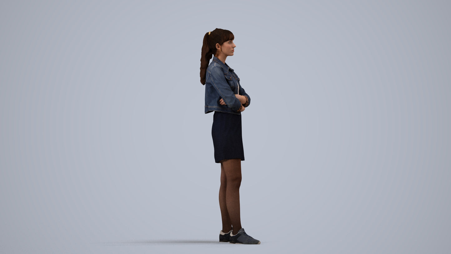 realistic 3D woman casual standing, scanned archviz people for Blender and 3ds Max, side view render