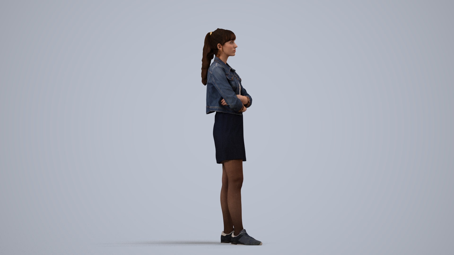 realistic 3D woman casual standing, scanned archviz people for Blender and 3ds Max, side view render