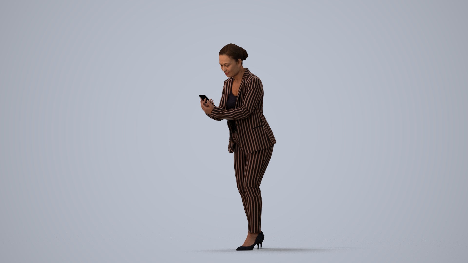 realistic 3D human woman business standing, archviz people FBX OBJ for Blender, three-quarter view render