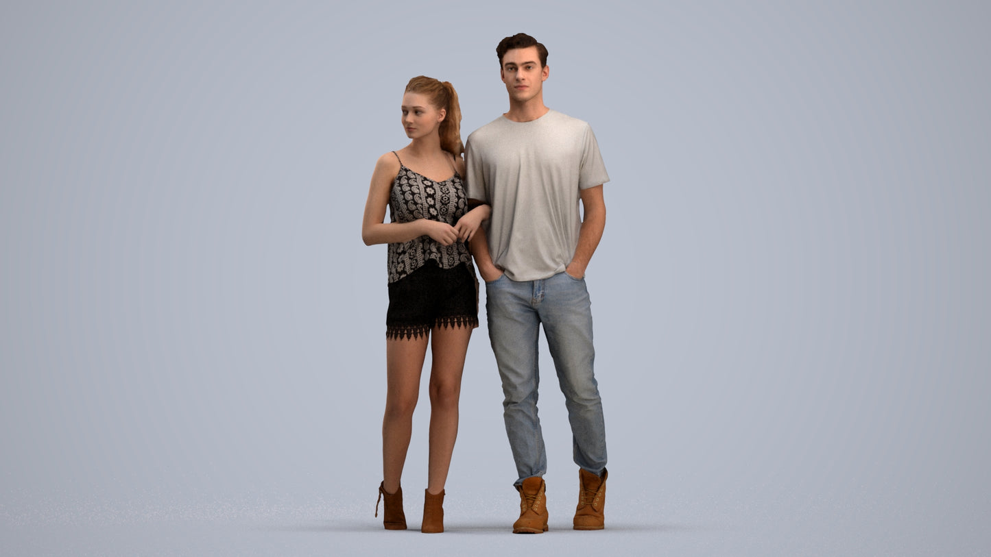 realistic 3D people woman casual couple, render-ready for V-Ray and Corona, FBX OBJ, standing pose render