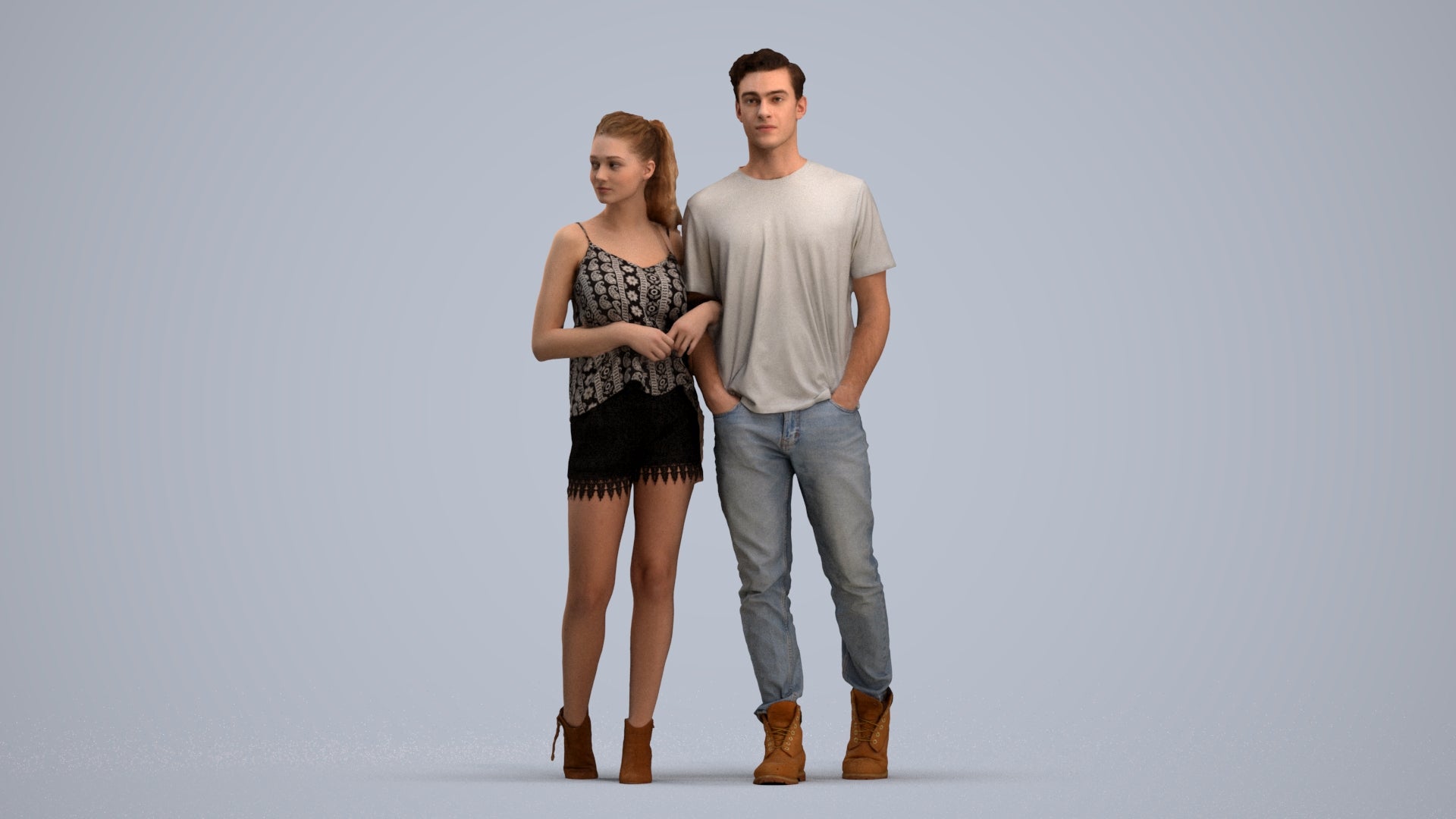 realistic 3D people woman casual couple, render-ready for V-Ray and Corona, FBX OBJ, standing pose render