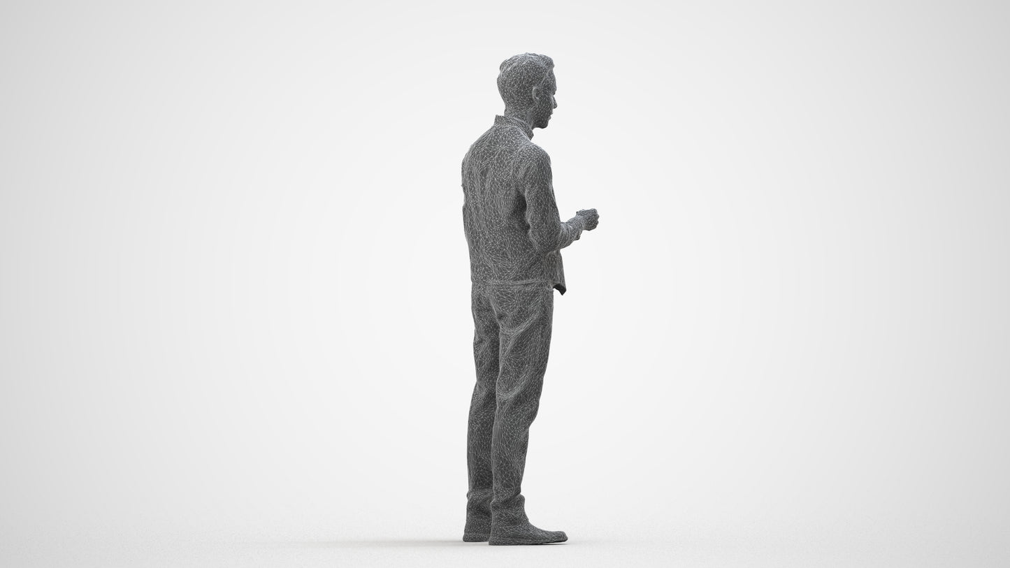3D scanned man hospitality, photorealistic archviz people for Enscape and SketchUp, wireframe side view
