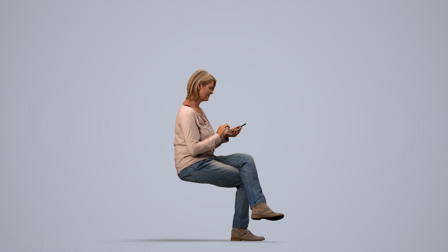 3D people model woman casual sitting, scanned human for 3ds Max rendering, side view render