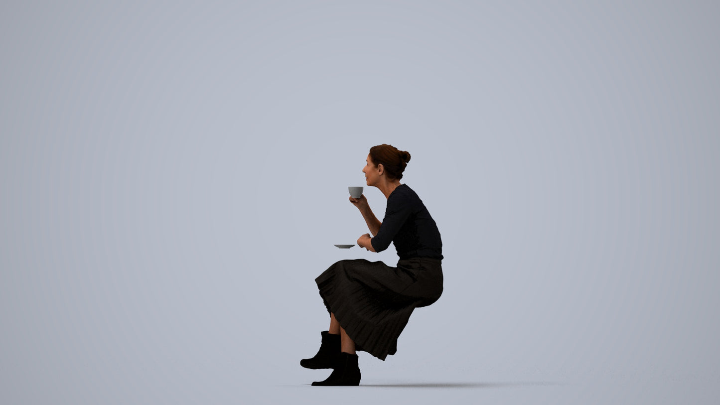 realistic 3D people senior woman casual sitting, render-ready for V-Ray and Corona, FBX OBJ, three-quarter view render