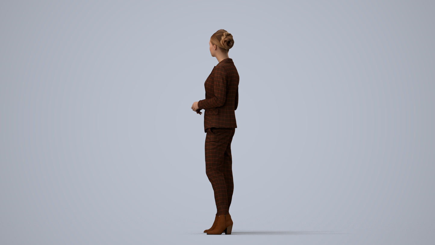 realistic 3D human woman business standing, archviz people FBX OBJ for Blender, three-quarter view render