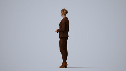 realistic 3D human woman business standing, archviz people FBX OBJ for Blender, three-quarter view render