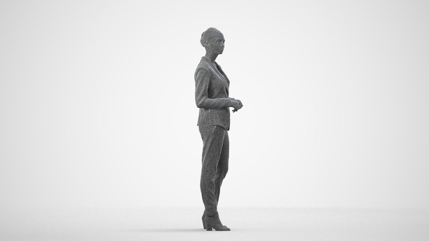 realistic 3D human woman business standing, archviz people FBX OBJ for Blender, wireframe side view