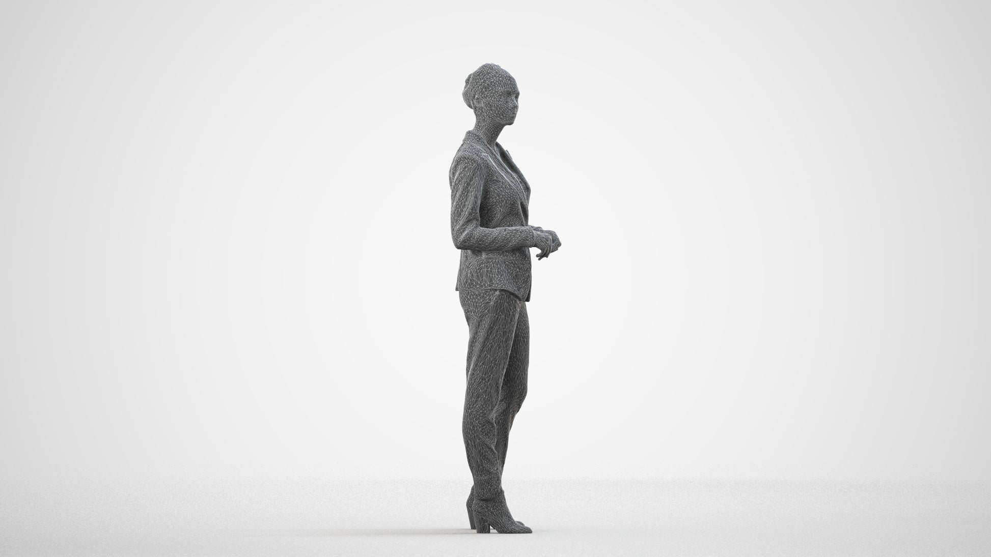 realistic 3D human woman business standing, archviz people FBX OBJ for Blender, wireframe side view