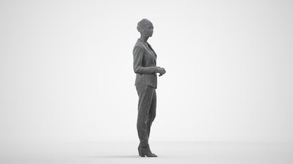 realistic 3D human woman business standing, archviz people FBX OBJ for Blender, wireframe side view