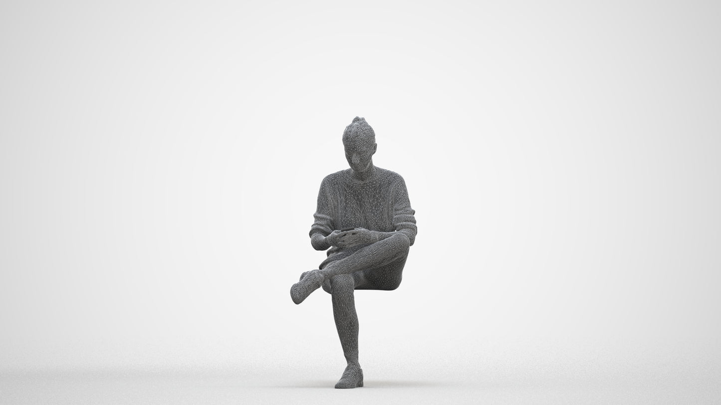 photogrammetry 3D woman casual sitting, realistic human model archviz FBX, three-quarter front view render