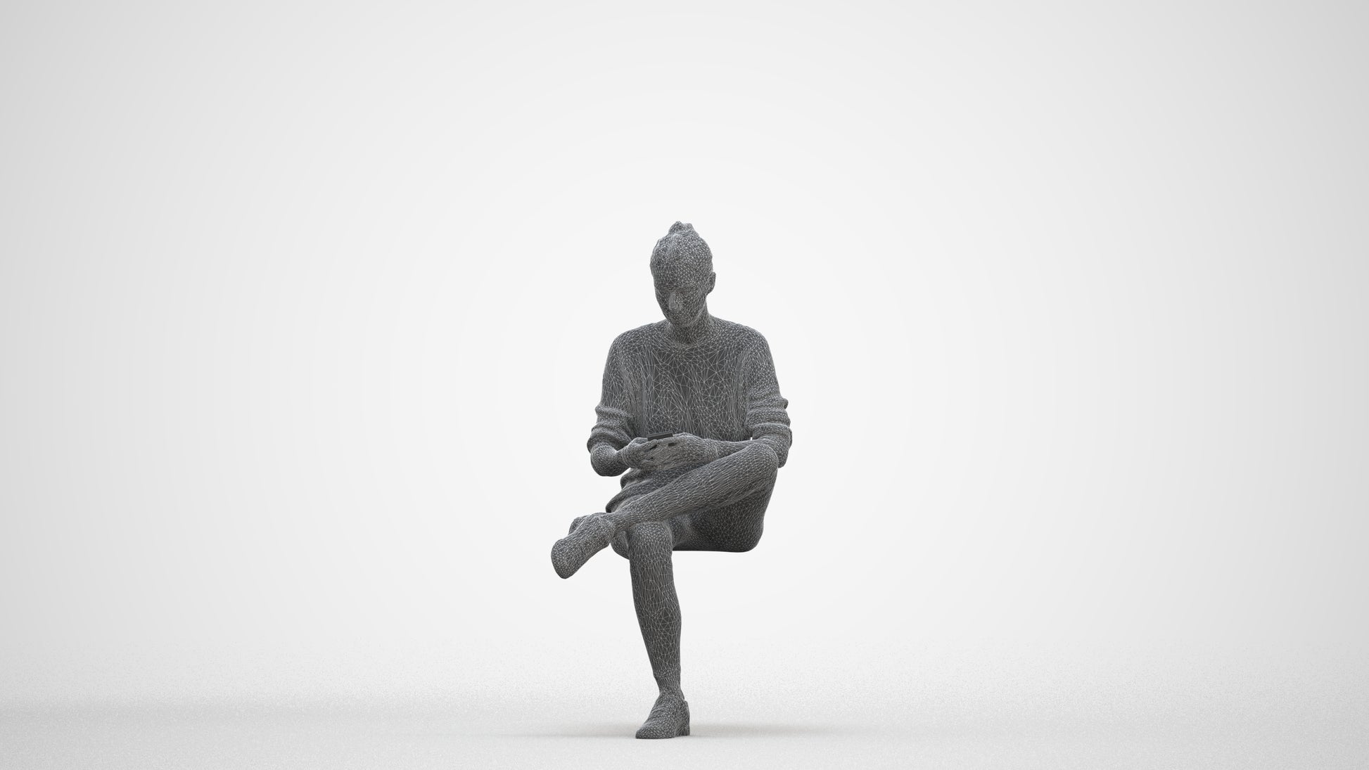 photogrammetry 3D woman casual sitting, realistic human model archviz FBX, three-quarter front view render