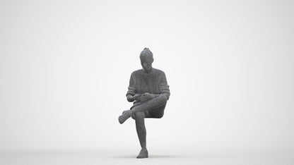 photogrammetry 3D woman casual sitting, realistic human model archviz FBX, three-quarter front view render