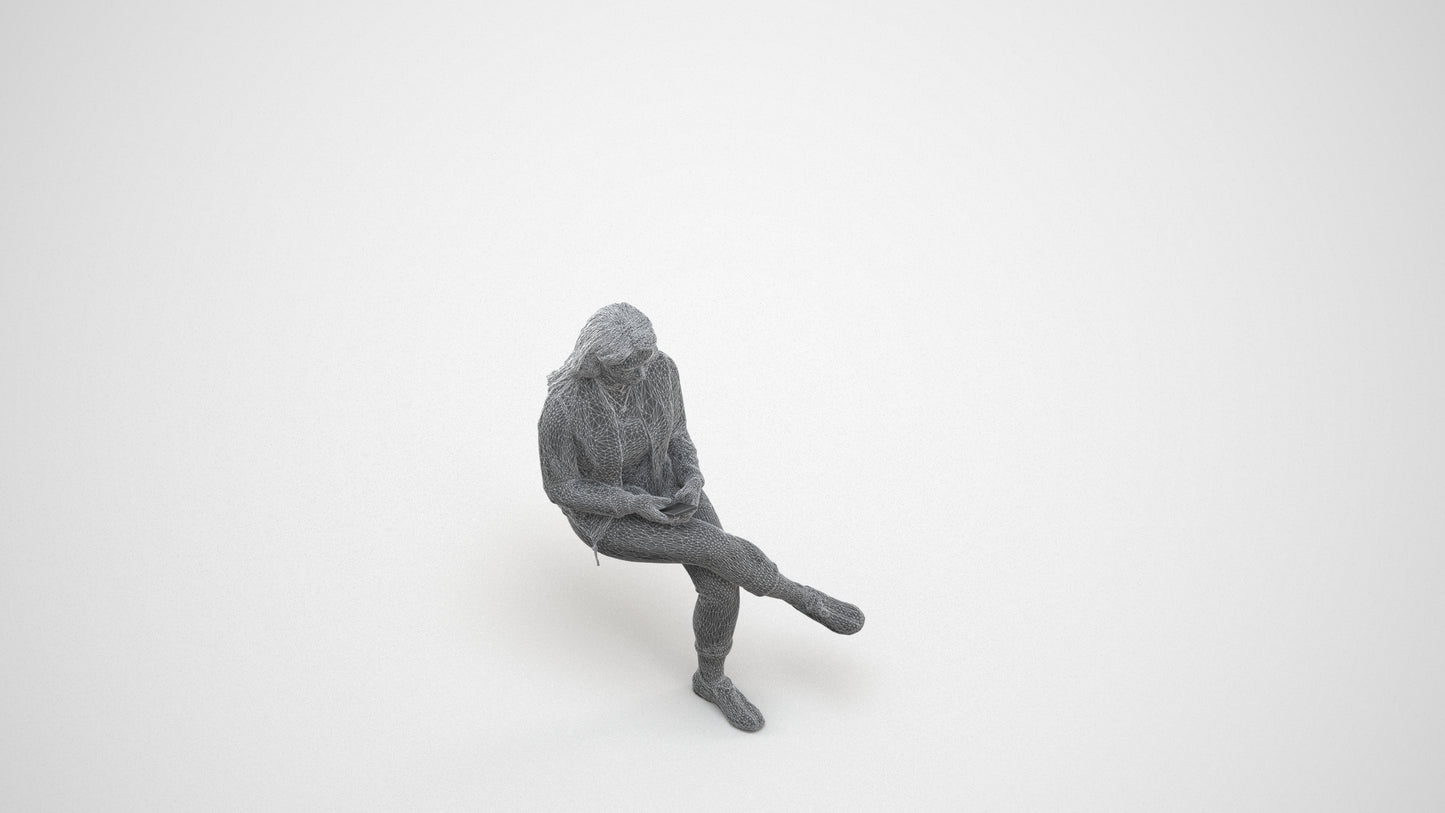 realistic 3D woman casual sitting, scanned archviz people for Blender and 3ds Max, wireframe three-quarter view