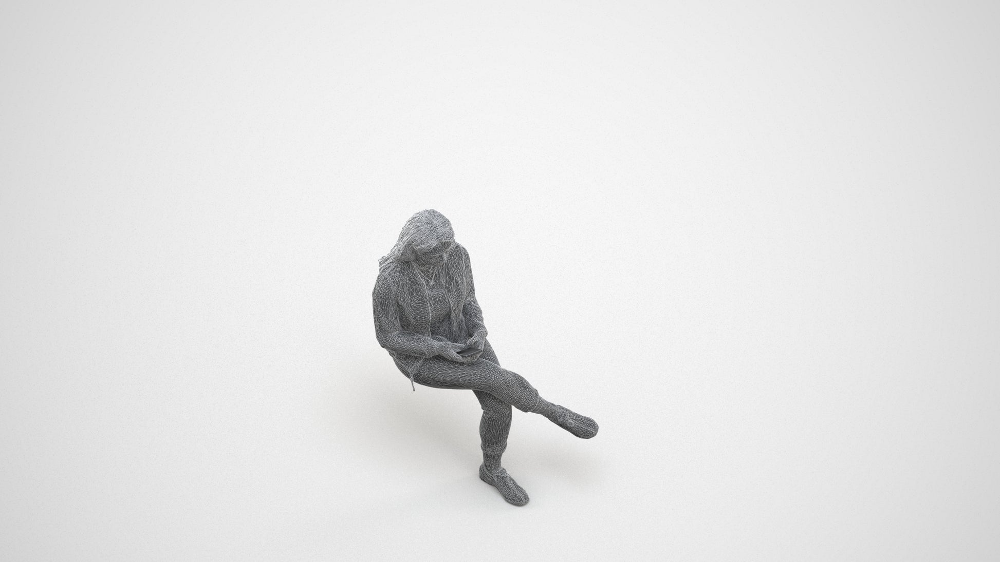 realistic 3D woman casual sitting, scanned archviz people for Blender and 3ds Max, wireframe three-quarter view