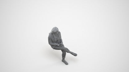 realistic 3D woman casual sitting, scanned archviz people for Blender and 3ds Max, wireframe three-quarter view