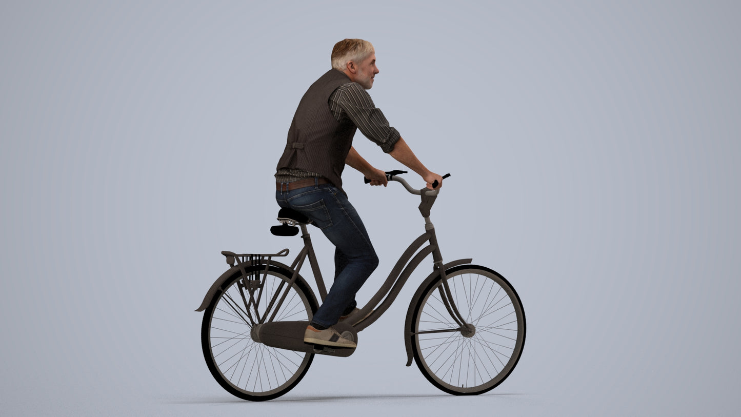3D scanned man cycling casual, photorealistic archviz people for Enscape and SketchUp, side view render