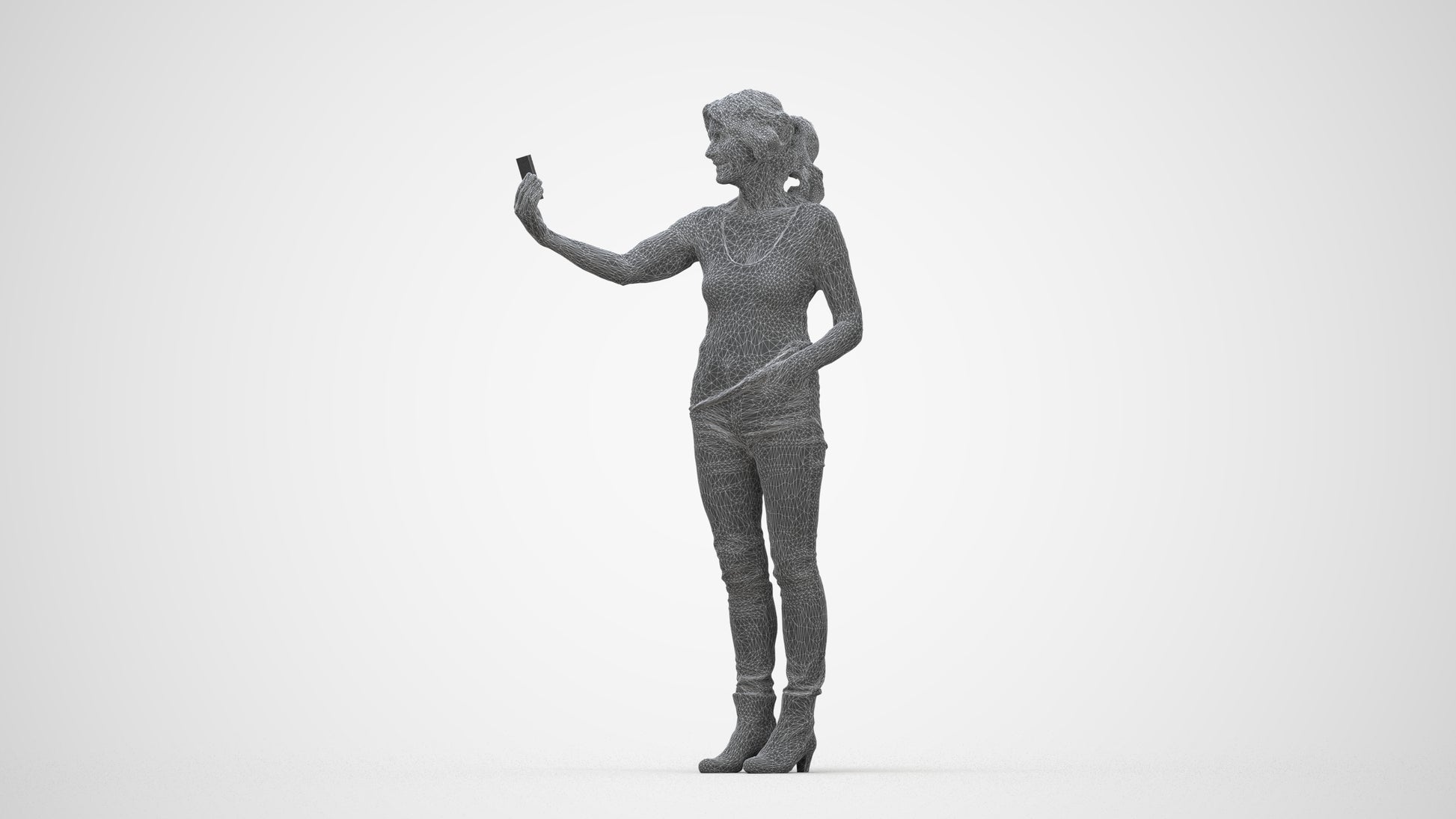 photogrammetry 3D senior woman casual standing, realistic human model archviz FBX, wireframe back view
