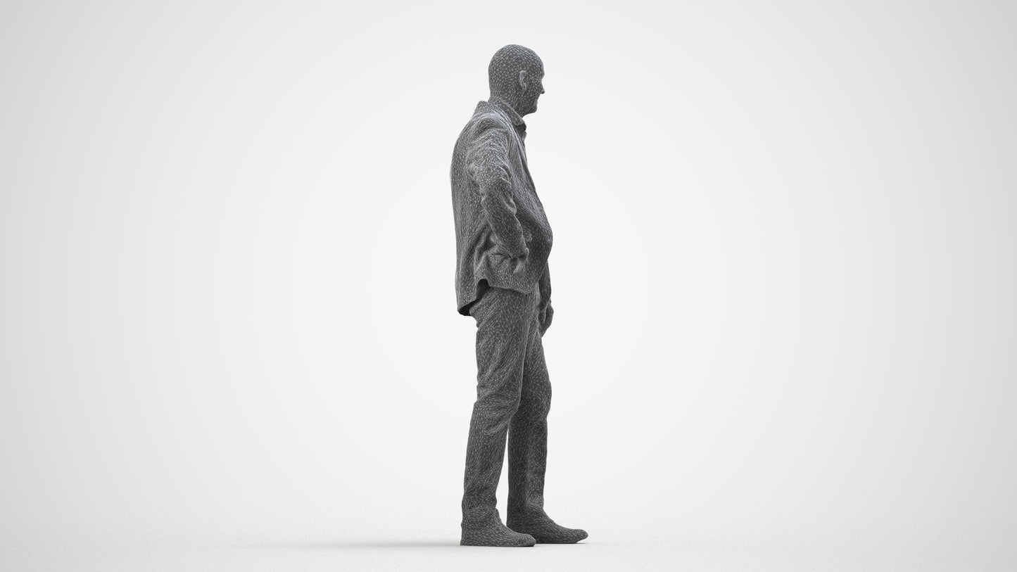realistic 3D senior man business, scanned archviz people for Blender and 3ds Max, wireframe side view