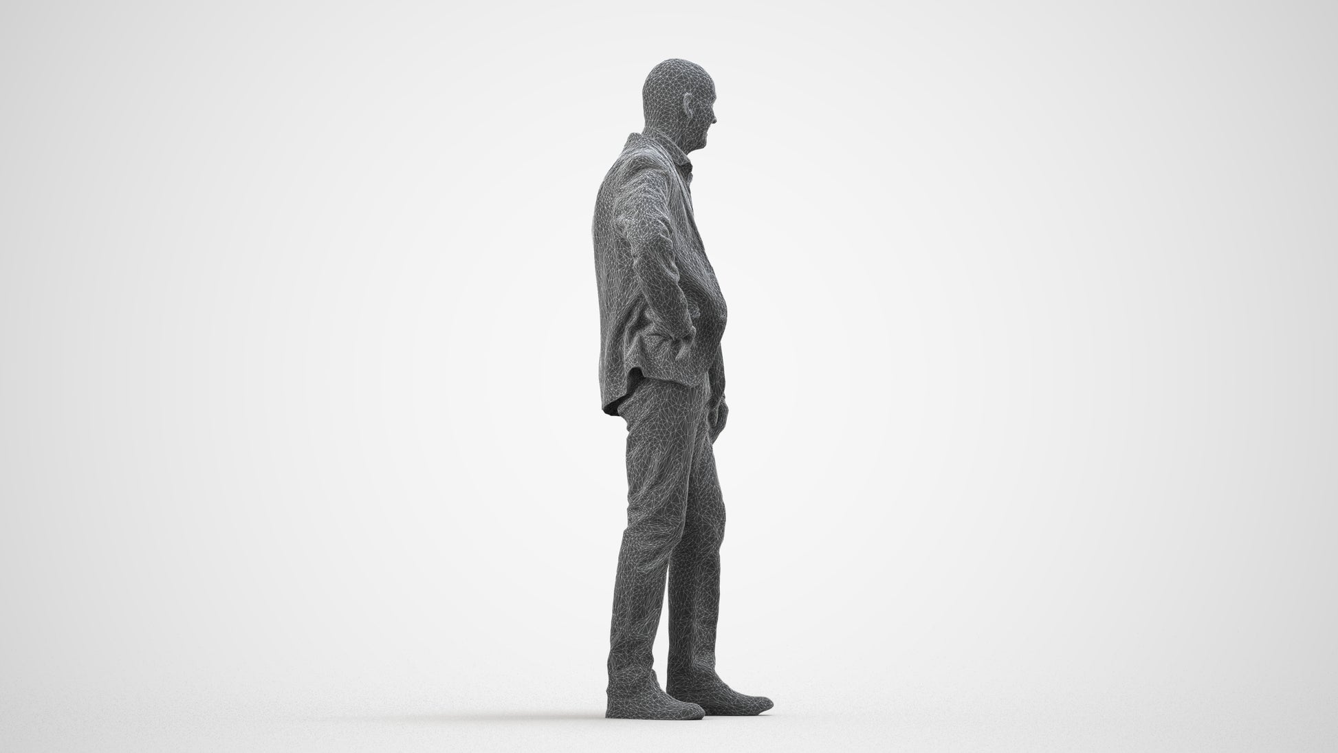 realistic 3D senior man business, scanned archviz people for Blender and 3ds Max, wireframe side view