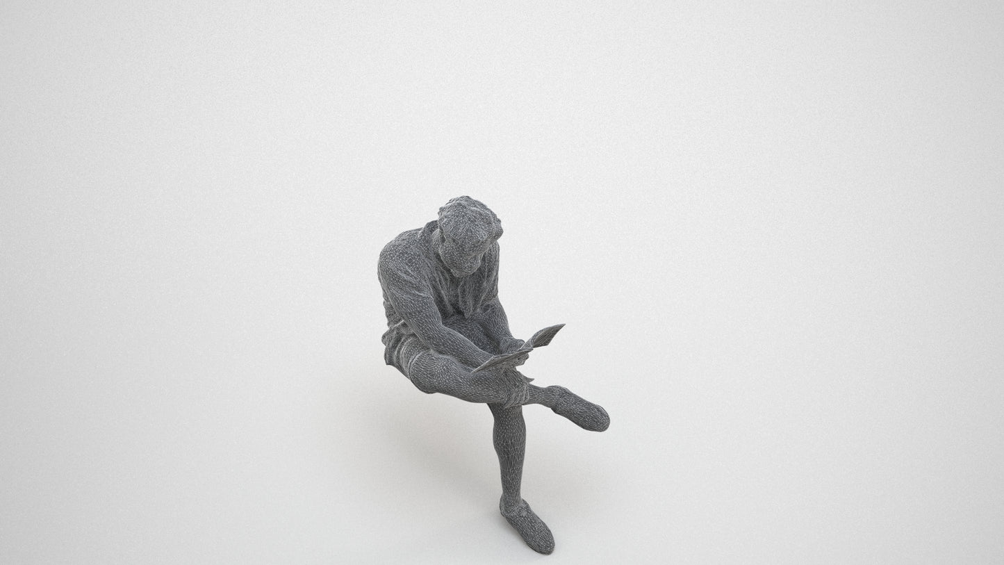 scanned 3D man casual sitting, photogrammetry people for Enscape and V-Ray, wireframe three-quarter view