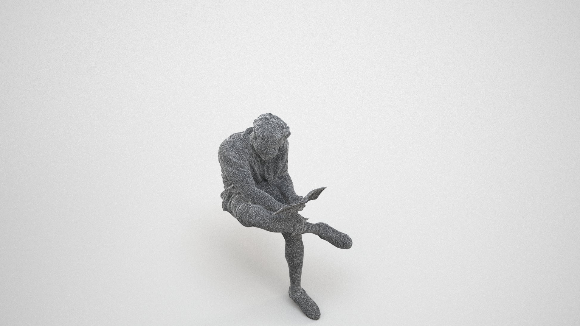 scanned 3D man casual sitting, photogrammetry people for Enscape and V-Ray, wireframe three-quarter view