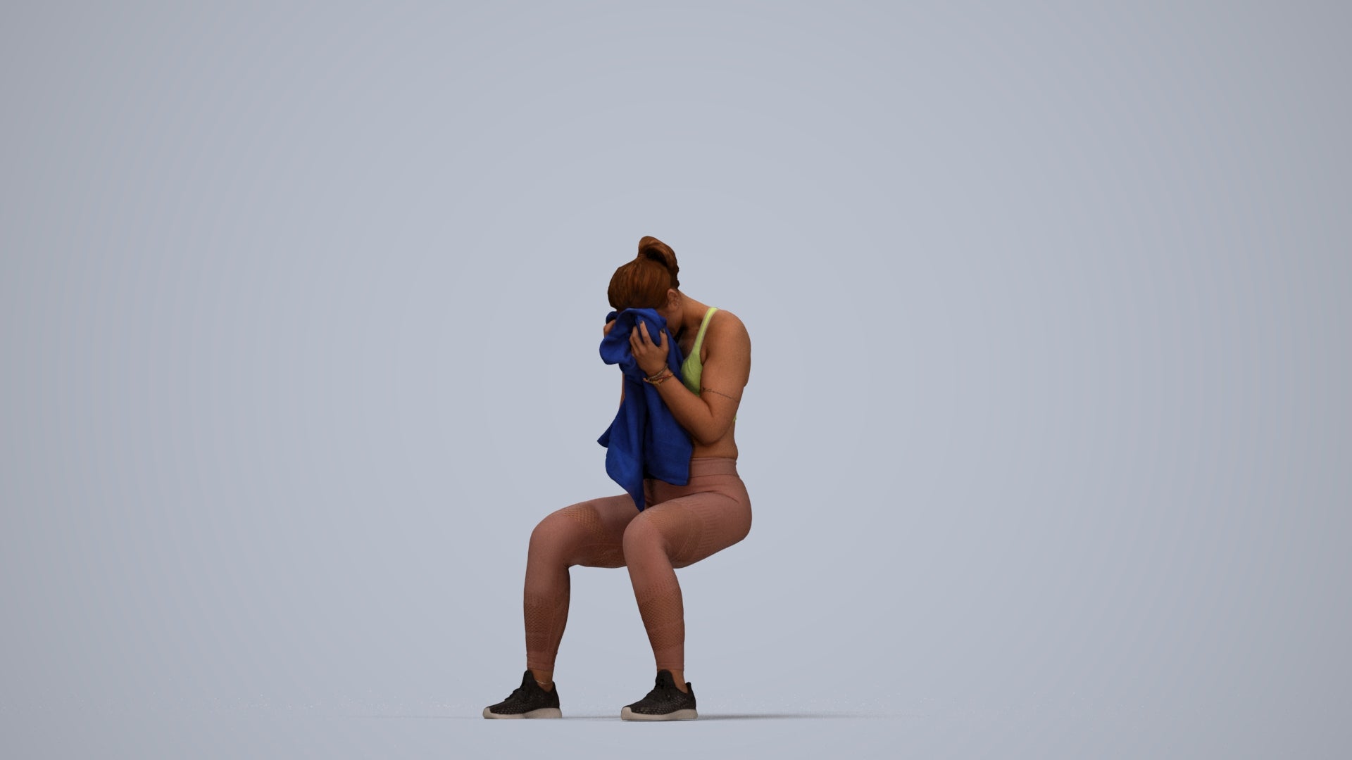3D human model woman casual sport, photogrammetry scanned person for archviz, top-down view render
