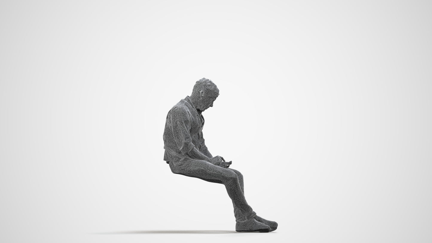 scanned 3D man casual sitting, photogrammetry people for Enscape and V-Ray, wireframe side view
