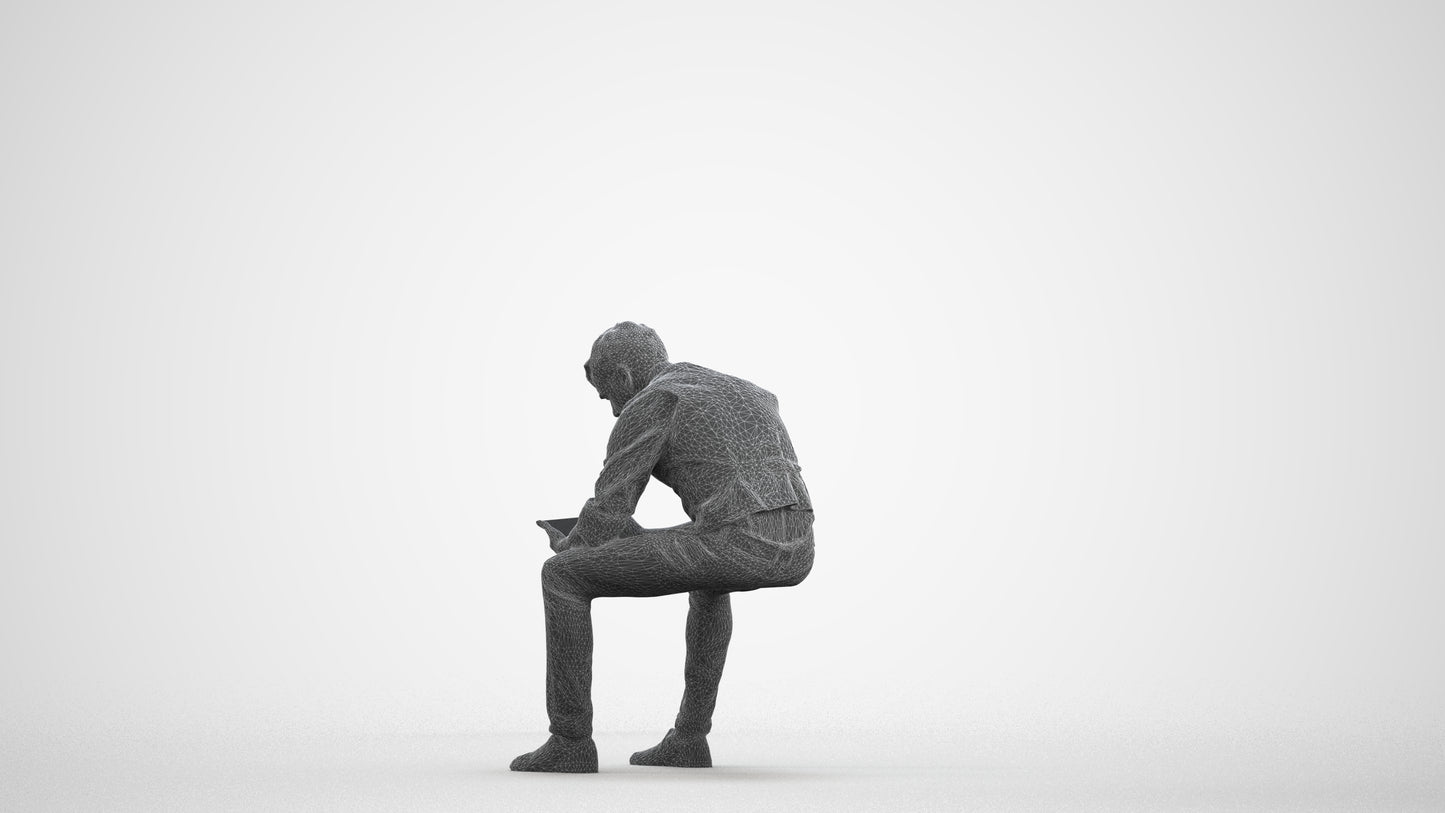 scanned 3D man casual sitting, photogrammetry people for Enscape and V-Ray, wireframe front view