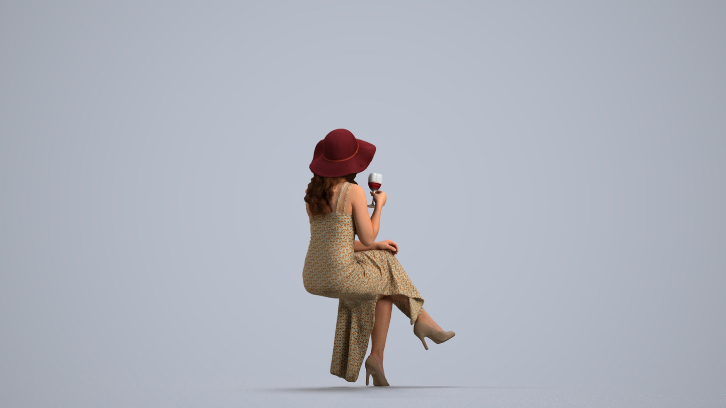 3D human model woman casual sitting, photogrammetry scanned person for archviz, front view render