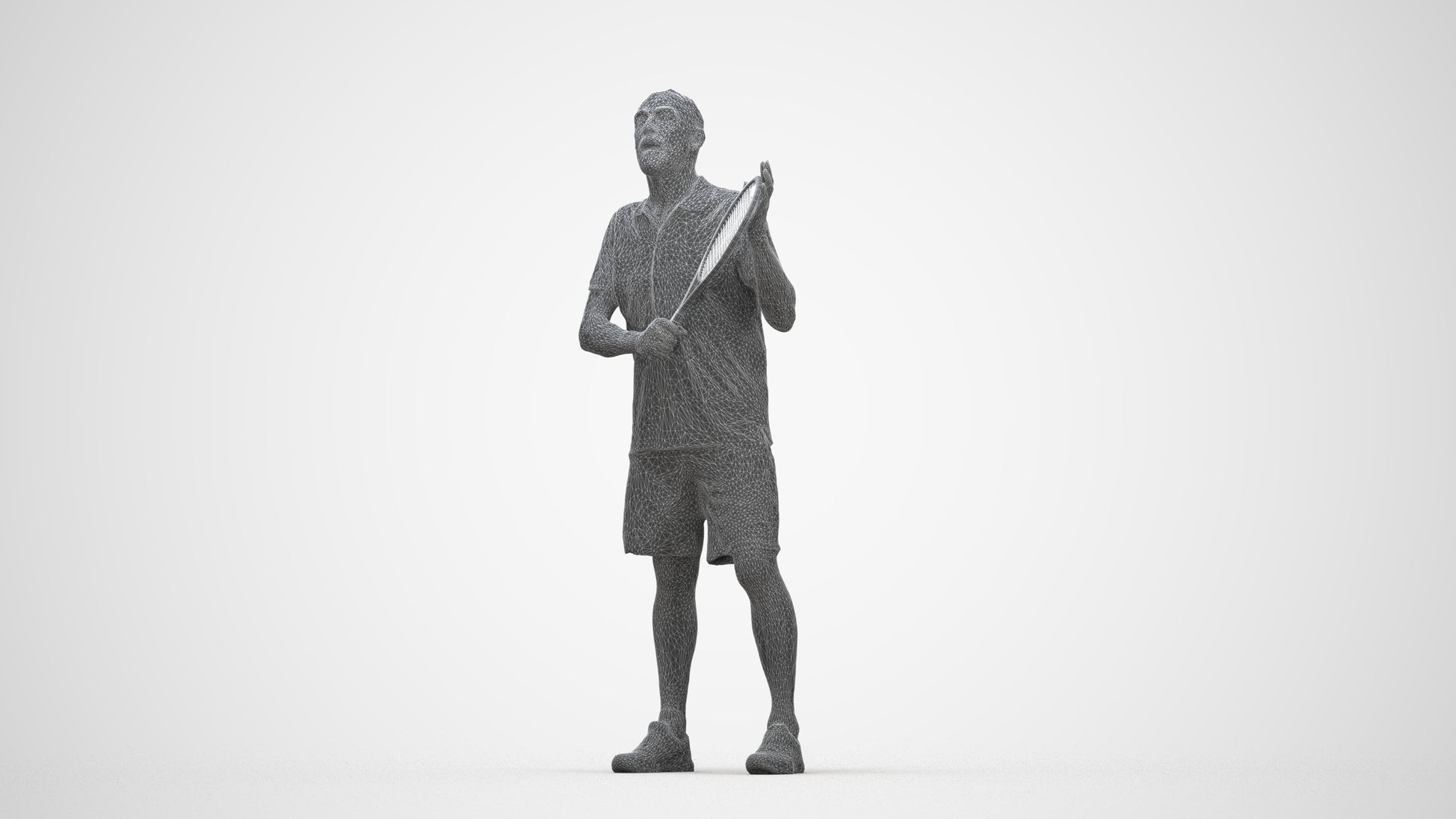 3D human model senior man sport, photogrammetry scanned person for archviz, wireframe back view
